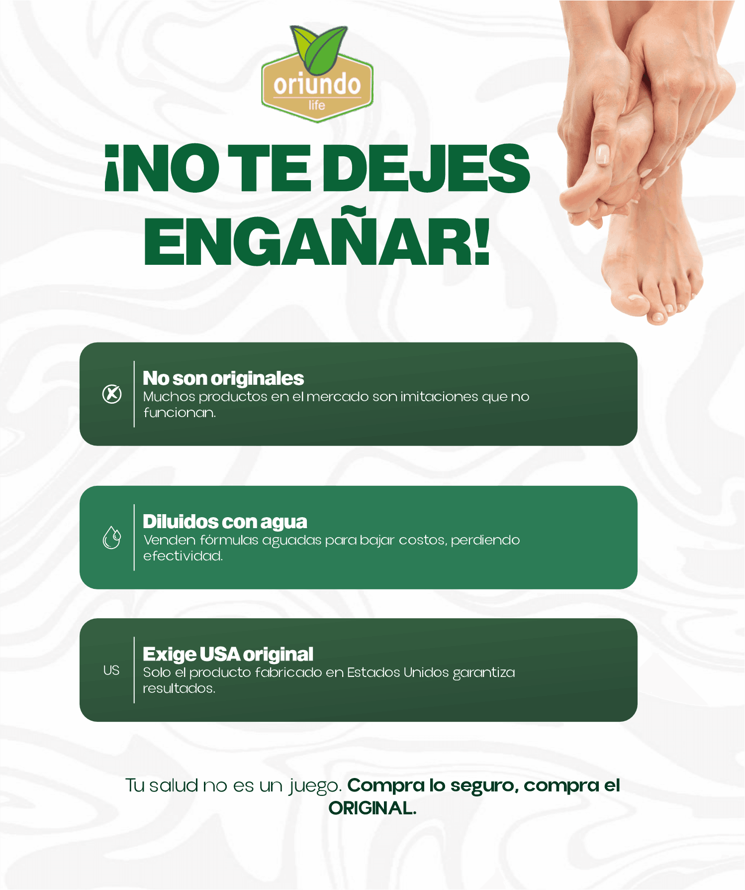 ¡No te dejes engañar! Exige Oriundo Life original fabricado en USA